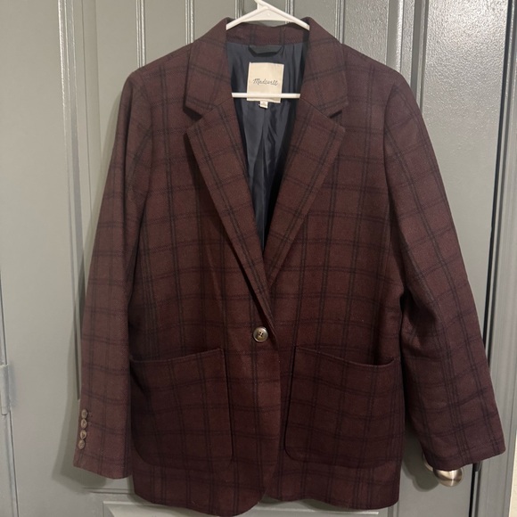Madewell Dark Burgundy Oversized Wool Blend Plaid Jacket Blazer - Picture 2 of 16